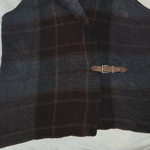 EUC Lauren Ralph Lauren Cowl Neck Wrap Sweater Vest Brown Blue Plaid 1X Buckle - Picture 2 of 7